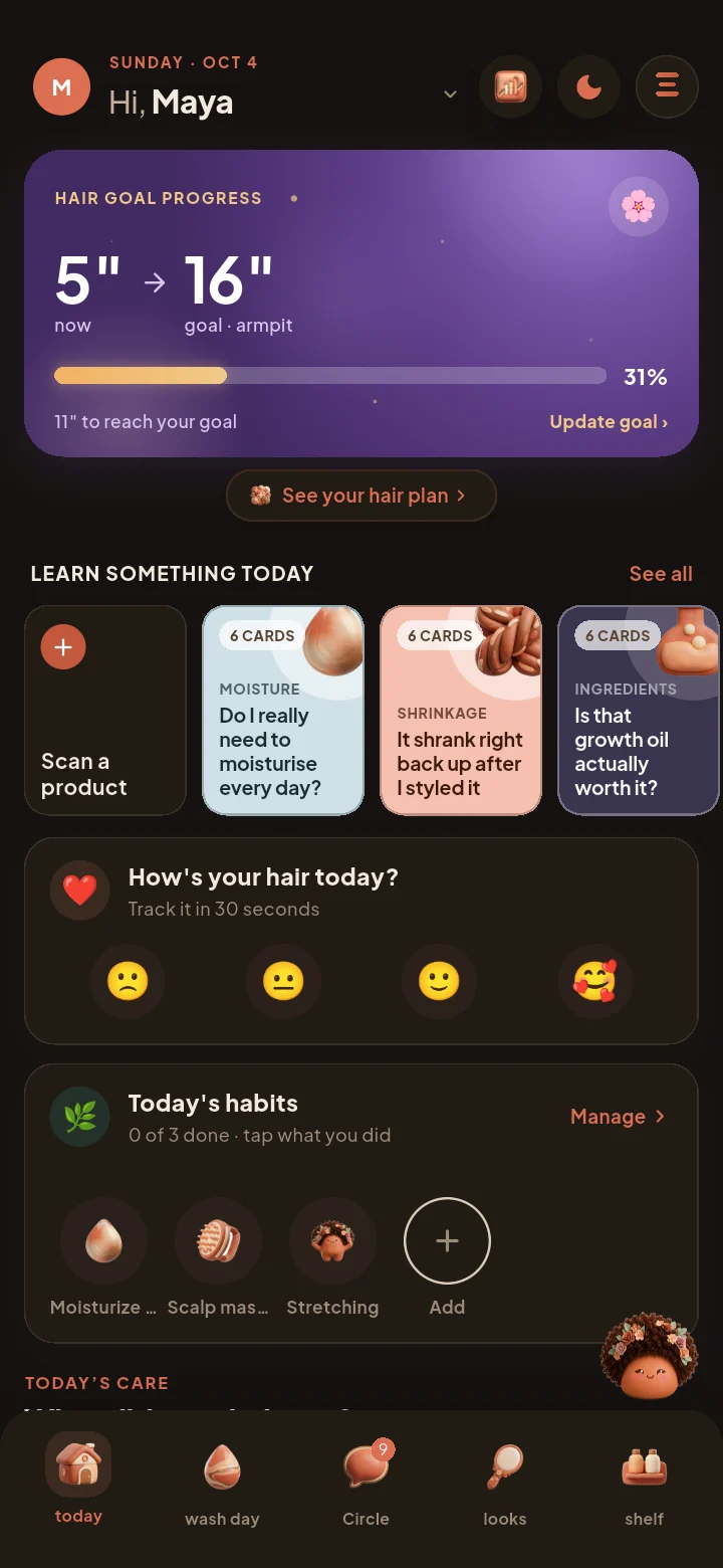The Shea Today screen: hair goal progress, things to learn and daily habits