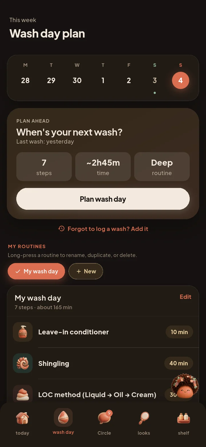 The Shea wash day plan with the week, a next wash and a routine